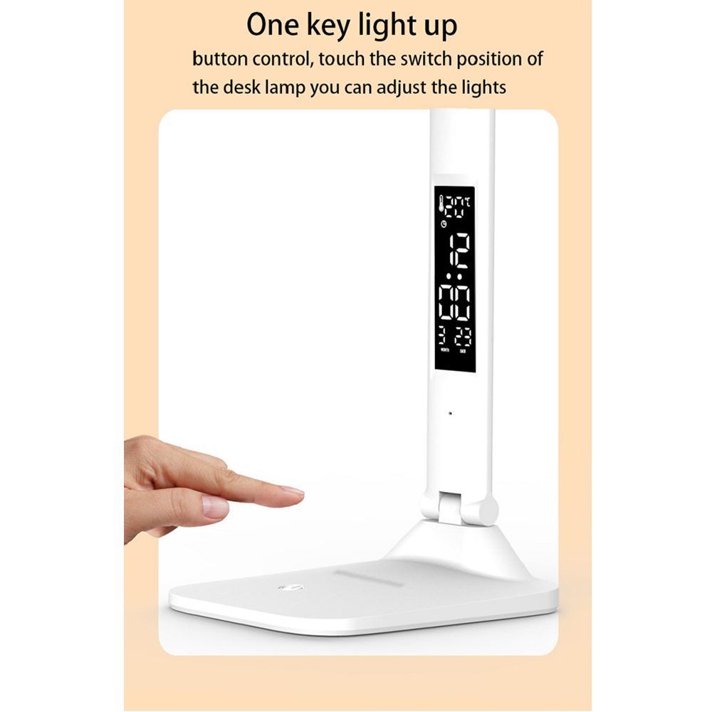 USB Folding Table Lamp, Dimmable LED Desk Lamp, Touch Control with Alarm Clock and Thermometer, Eye Protection Night
