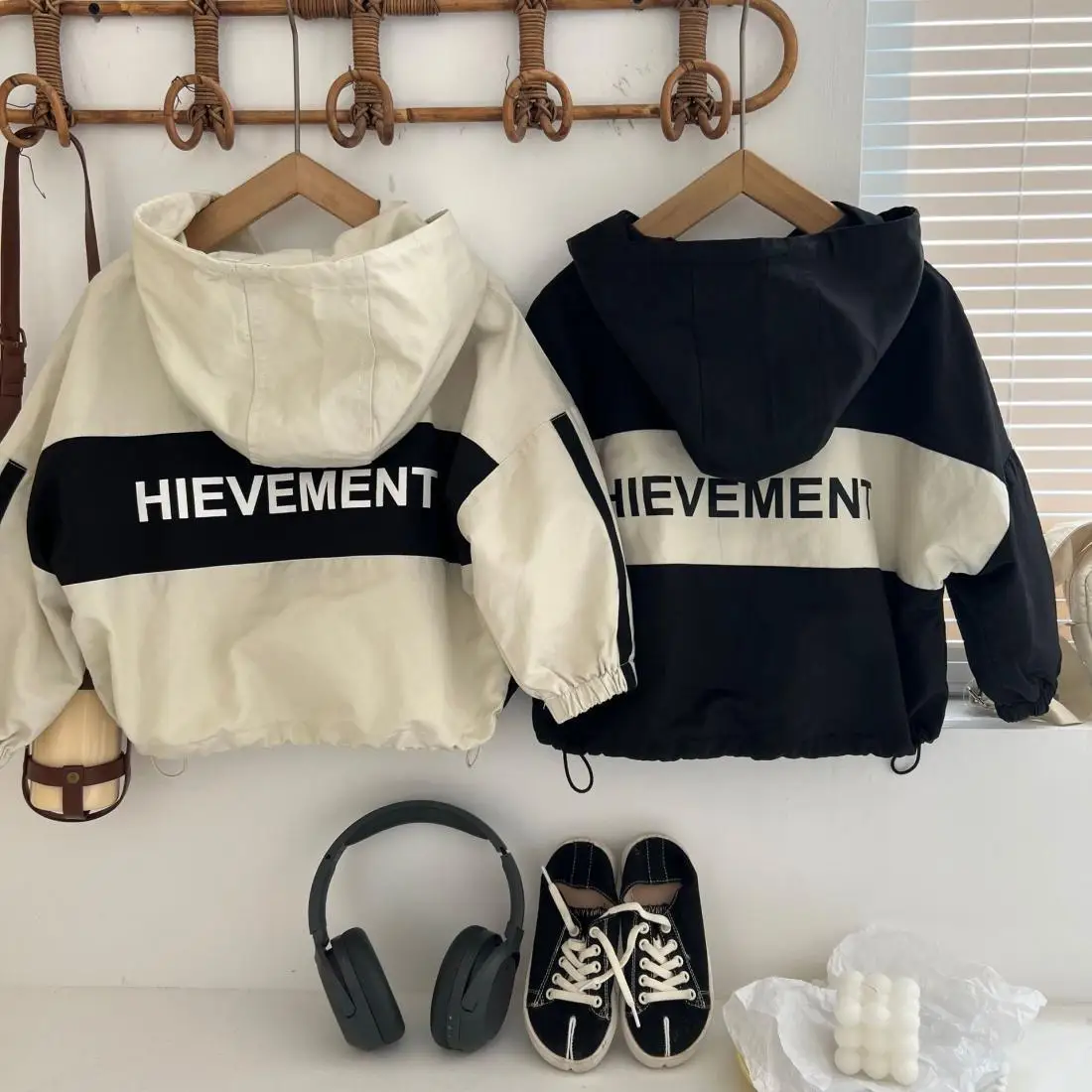 Kids Windbreaker, Boys and Girls Jacket, Spring Autumn Thin Coat, Casual Hooded Zipper, Patchwork Letter Design