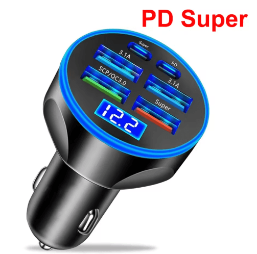 UYUXIO 6 in 1 Multi Port USB-C Car Charger with PD 30W and Voltage Display