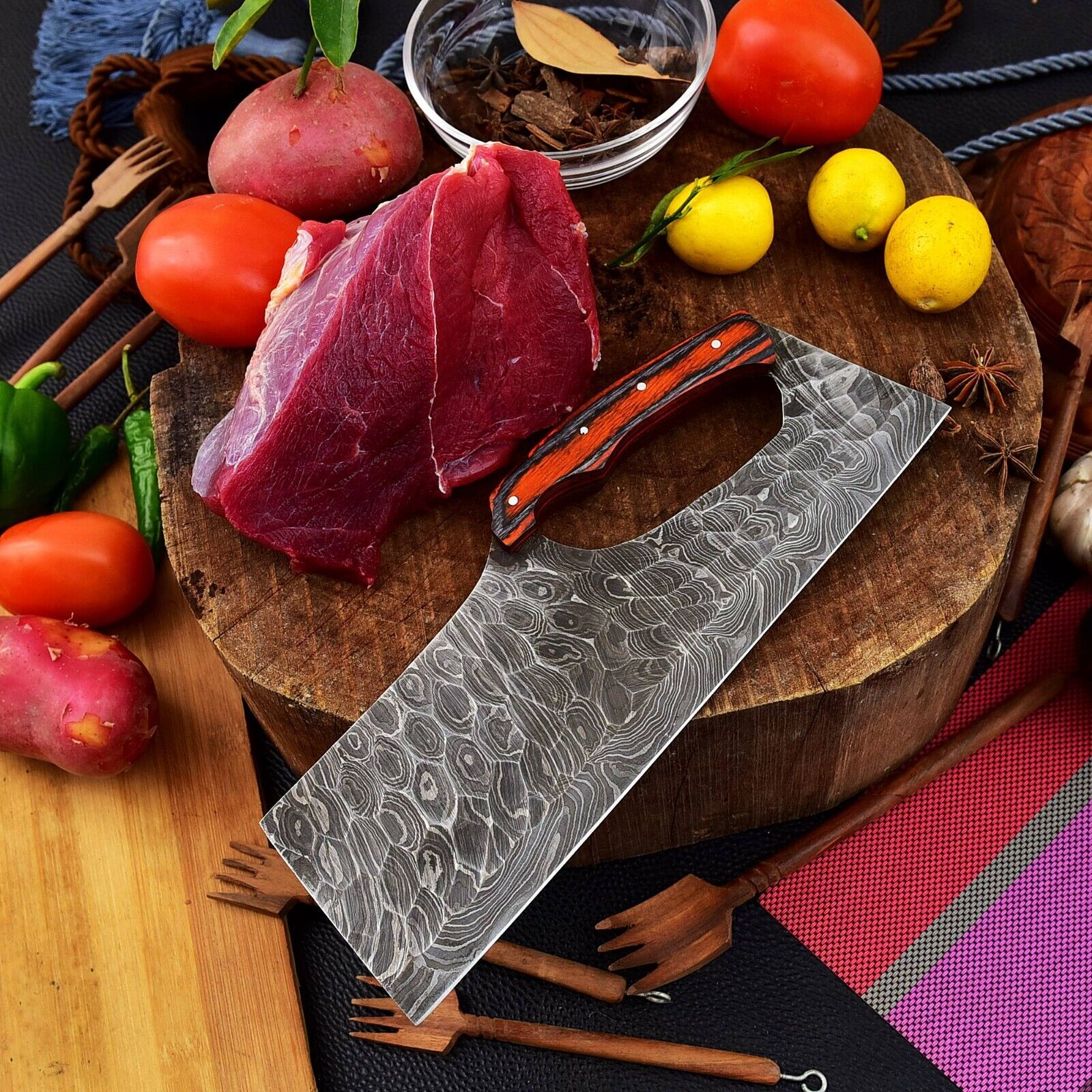 Custom Handmade Damascus Steel Chef Cleaver With Wood Handle & Leather Sheath
