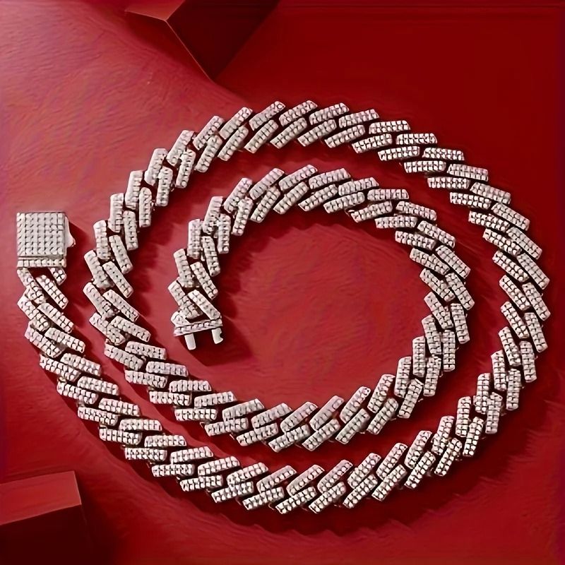 Moissanite Cuban Chain Necklace 14mm Wide Sterling Silver Mens Chain