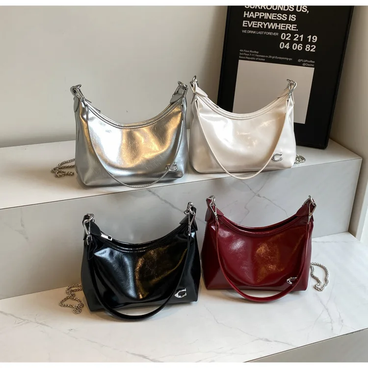 Chic Patent Leather Shoulder Bag for Women Summer Underarm Crossbody Bag with Chain Soft Square Shape