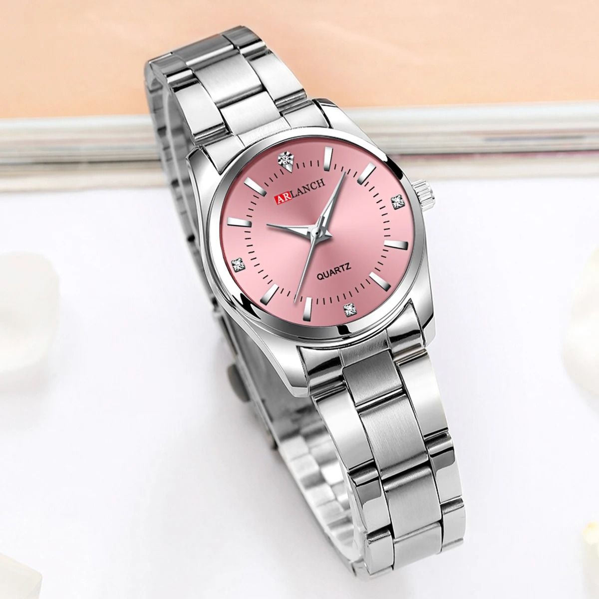 Rhinestone Minimalist Watch – Fashionable Stainless Steel Pink Dial Timepiece for Outdoor and Travel