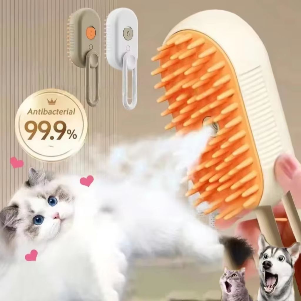 3-in-1 Pet Steam Brush with Spray Button Foldable Rotating Grooming Brush for Cats and Dogs