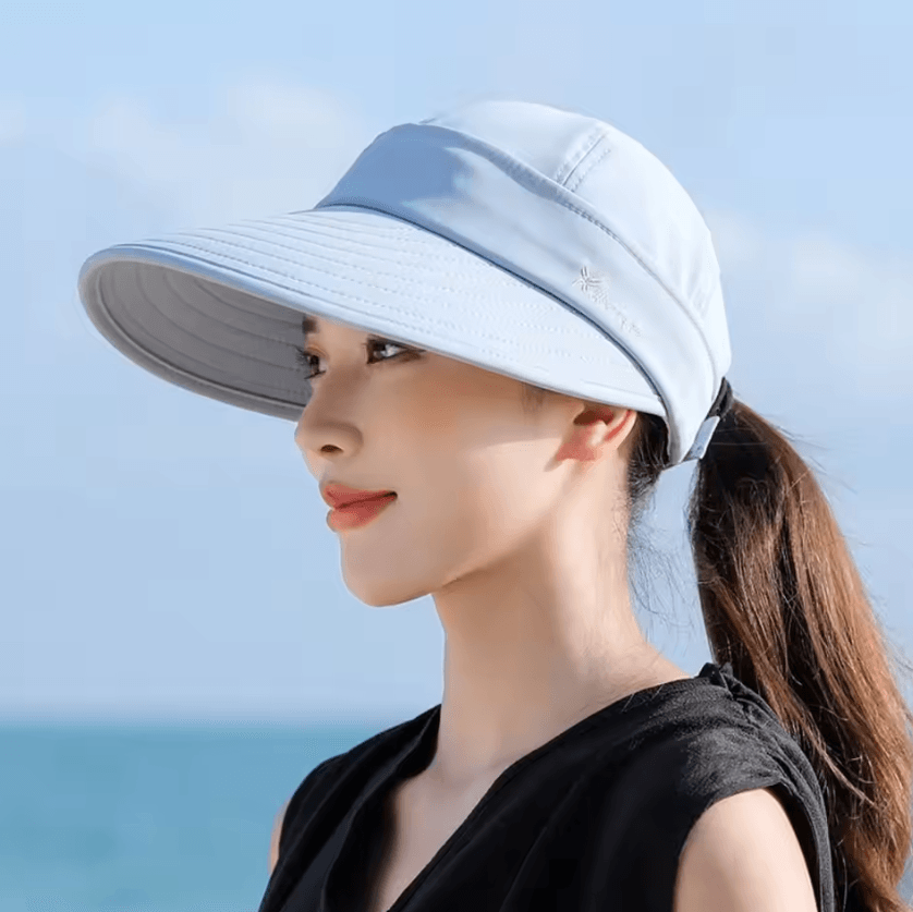Foldable Wide Brim Ponytail Sun Hat – UV Protection Detachable Open-Top Summer Cap