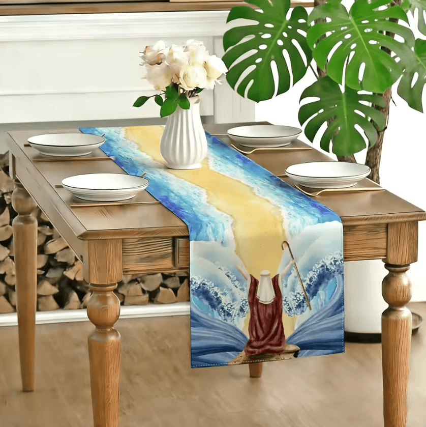 Passover Linen Table Runner – Red Sea Design Pesach Festival Dining Decor