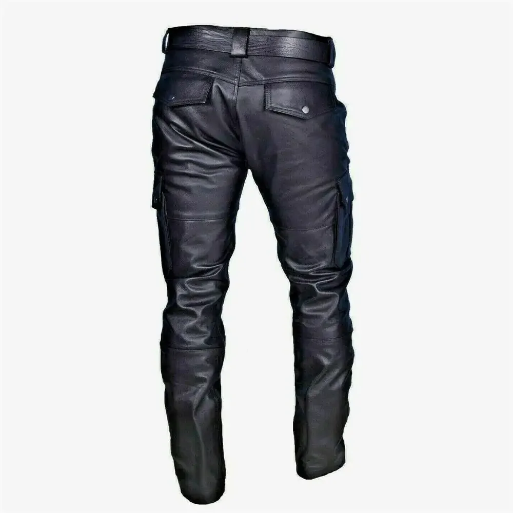 Black PU Mens Leather Motorcycle Pants with Cargo Pockets, Stylish No Belt Men Trousers for Riders, Street Fashion Bike