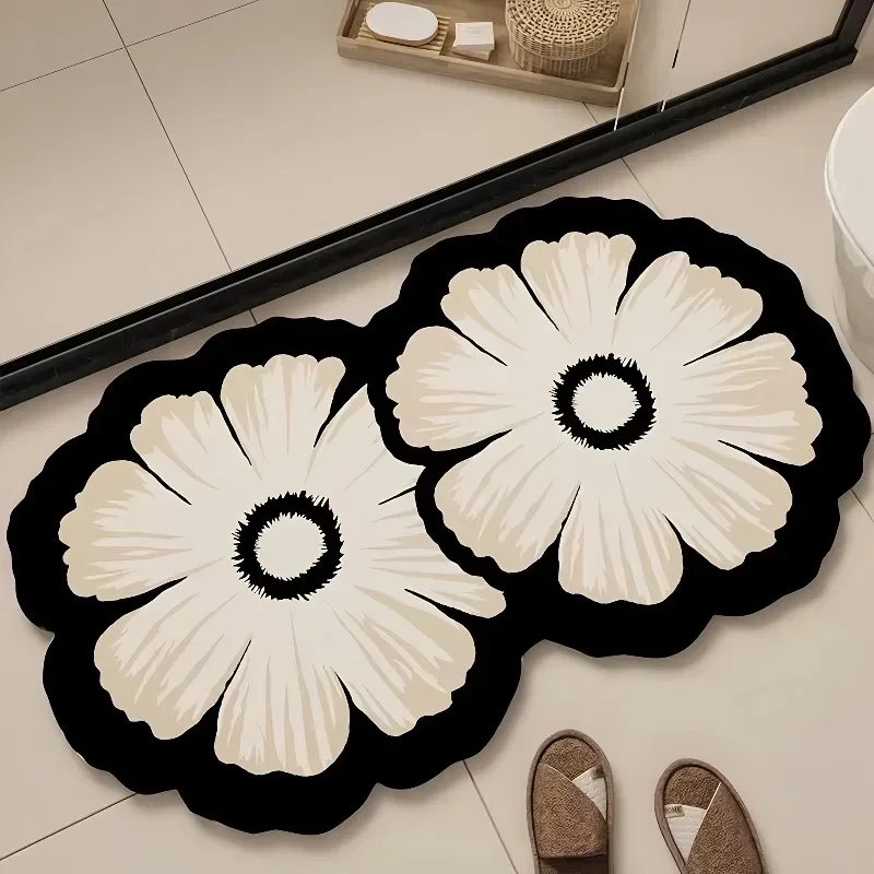 Super Absorbent Diatomaceous Floor Mat, Flower Pattern Non-Slip Bathroom Carpet Rug, Anti-Fouling