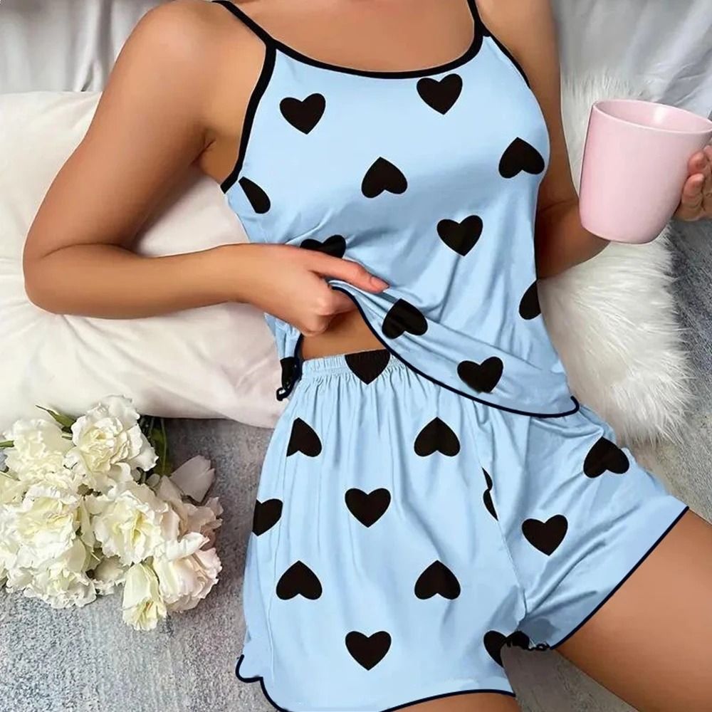 Pink Heart Print Ice Silk Pajama Set Womens Summer Short Sleeve Top and Shorts Sleepwear