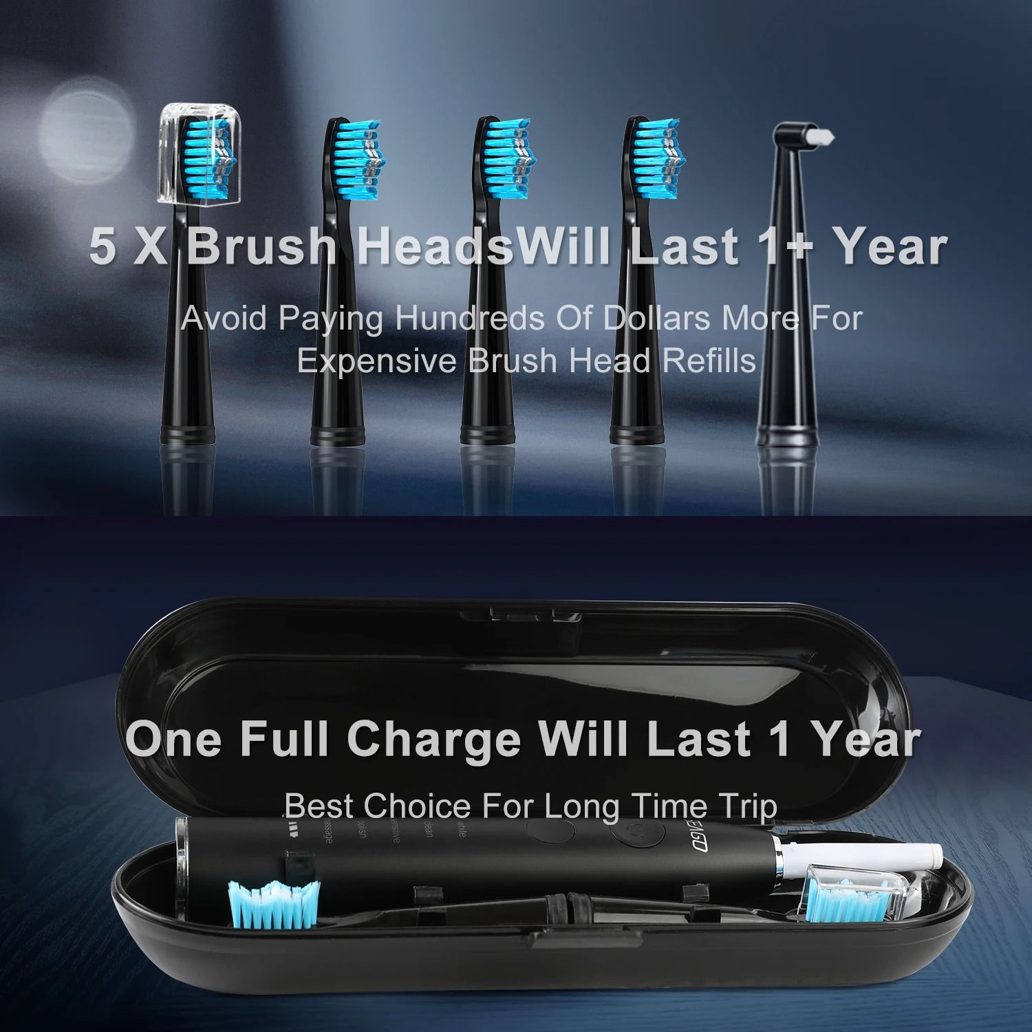 Seago Electric Sonic Toothbrush USB Rechargeable with 4 Replacement Heads and Travel Box
