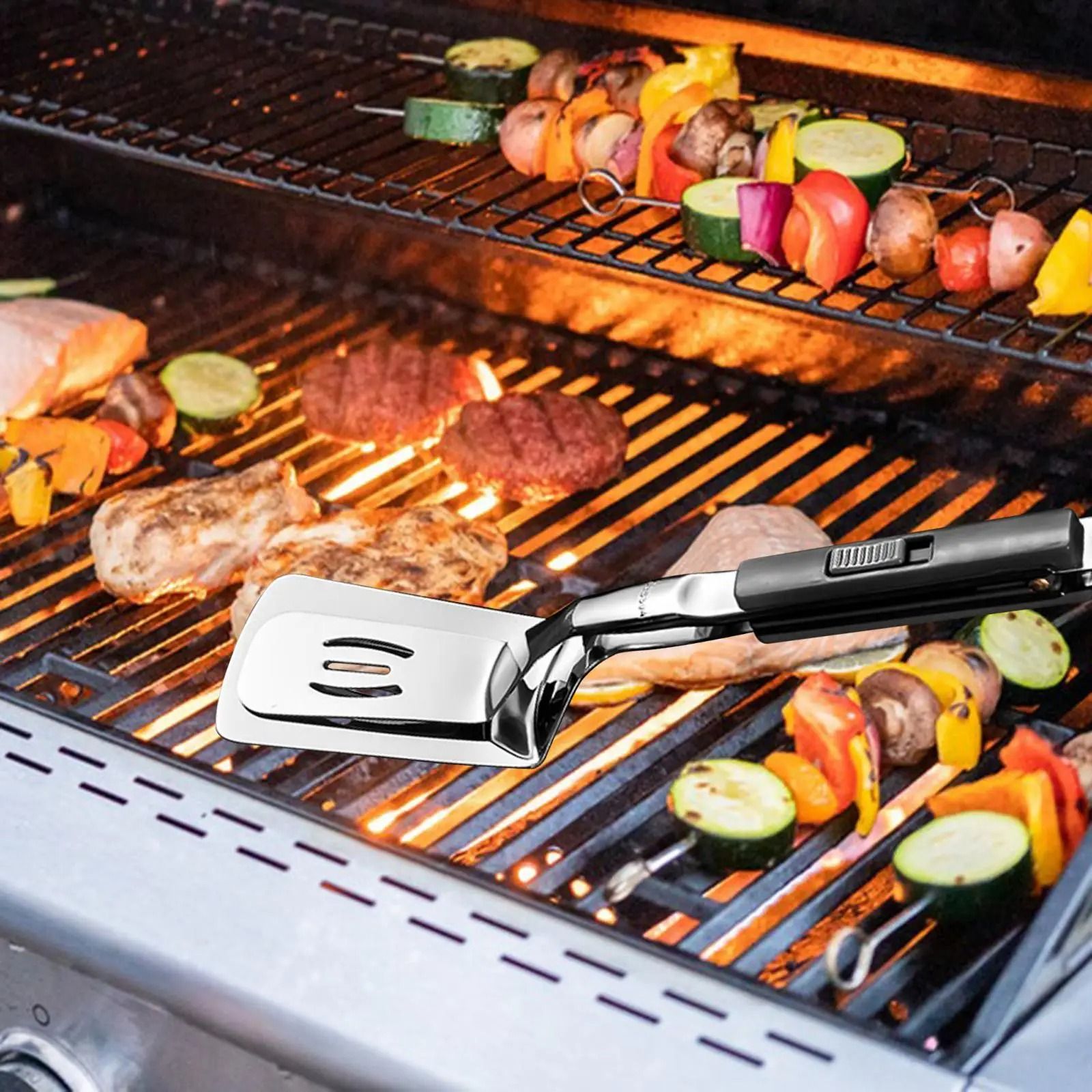 Duo-Grip Stainless Steel Spatula Tongs – Slotted Grill & Steak Clamps