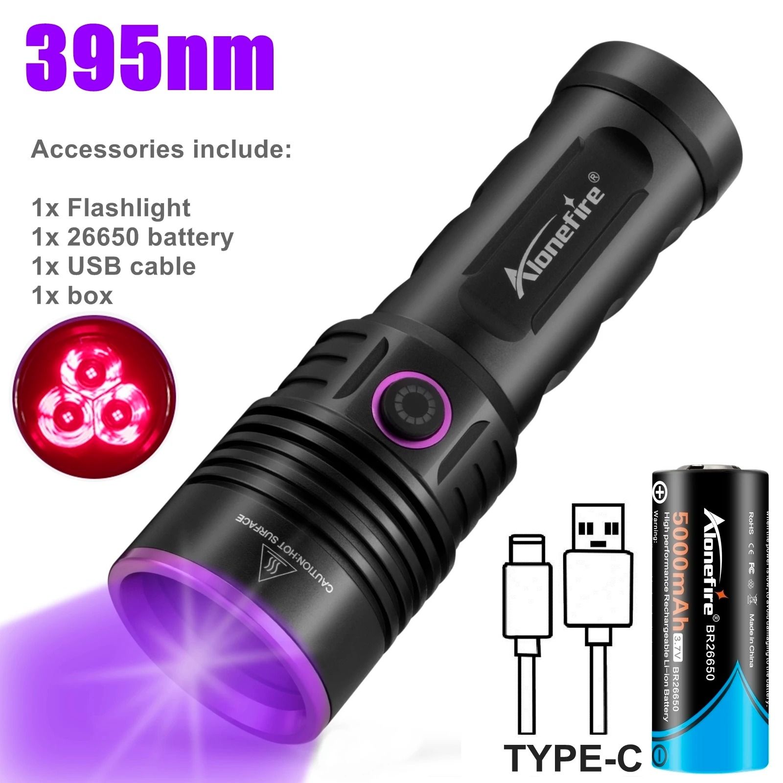High Power UV Flashlight with Rechargeable Battery and Blacklight Detection