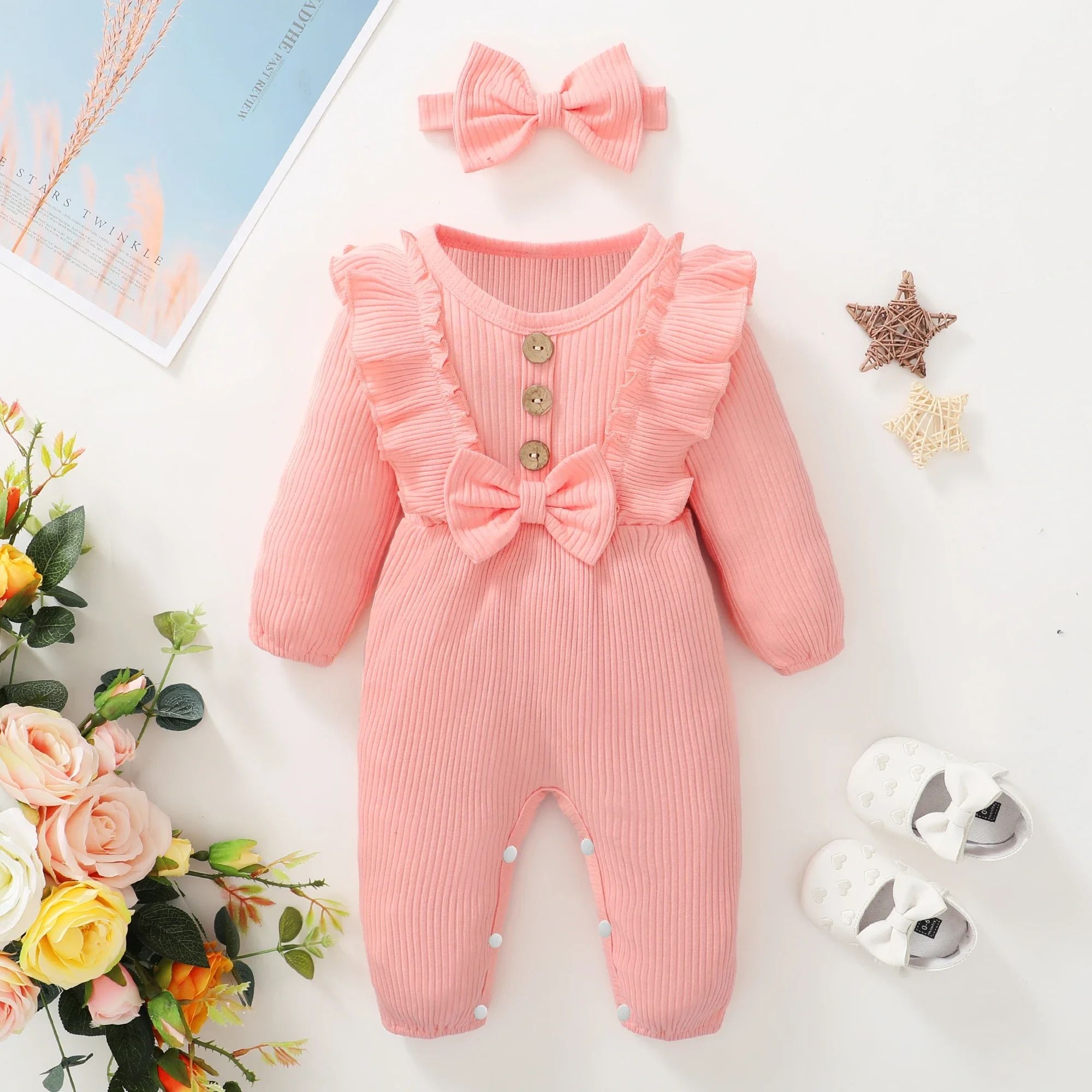 2-Piece Newborn Girl Ruffle Romper & Headband - Long Sleeve Autumn/Winter Bodysuit