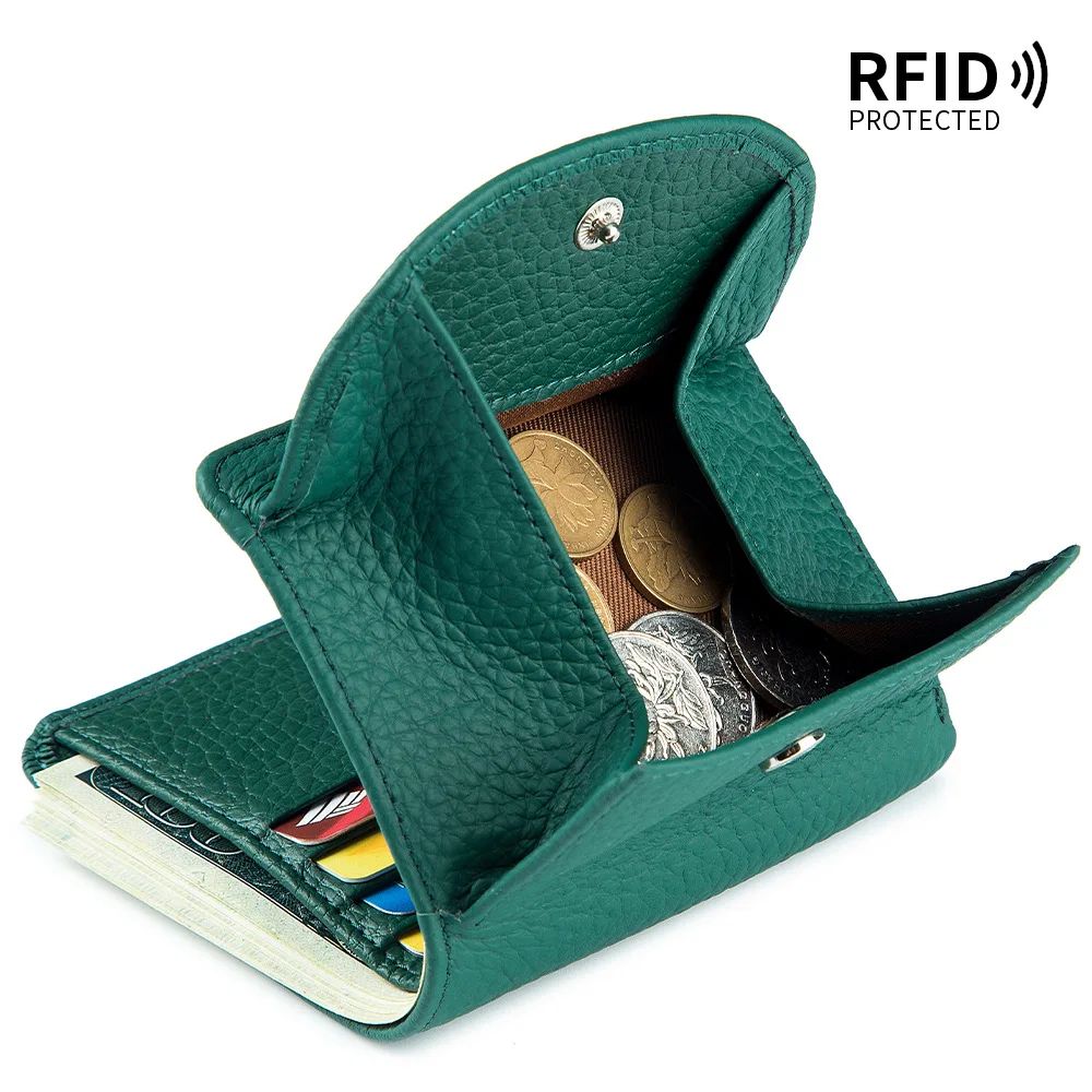 Genuine Leather Mini RFID Wallet for Women - Slim Bifold Card Holder with Coin Pocket
