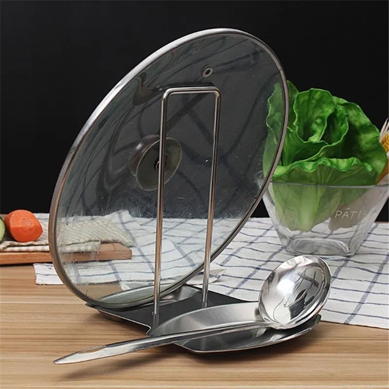 Stainless Steel Pan Pot Cover Stand – Silver Soup Spoon Holder & Drain Rack Stove Organizer