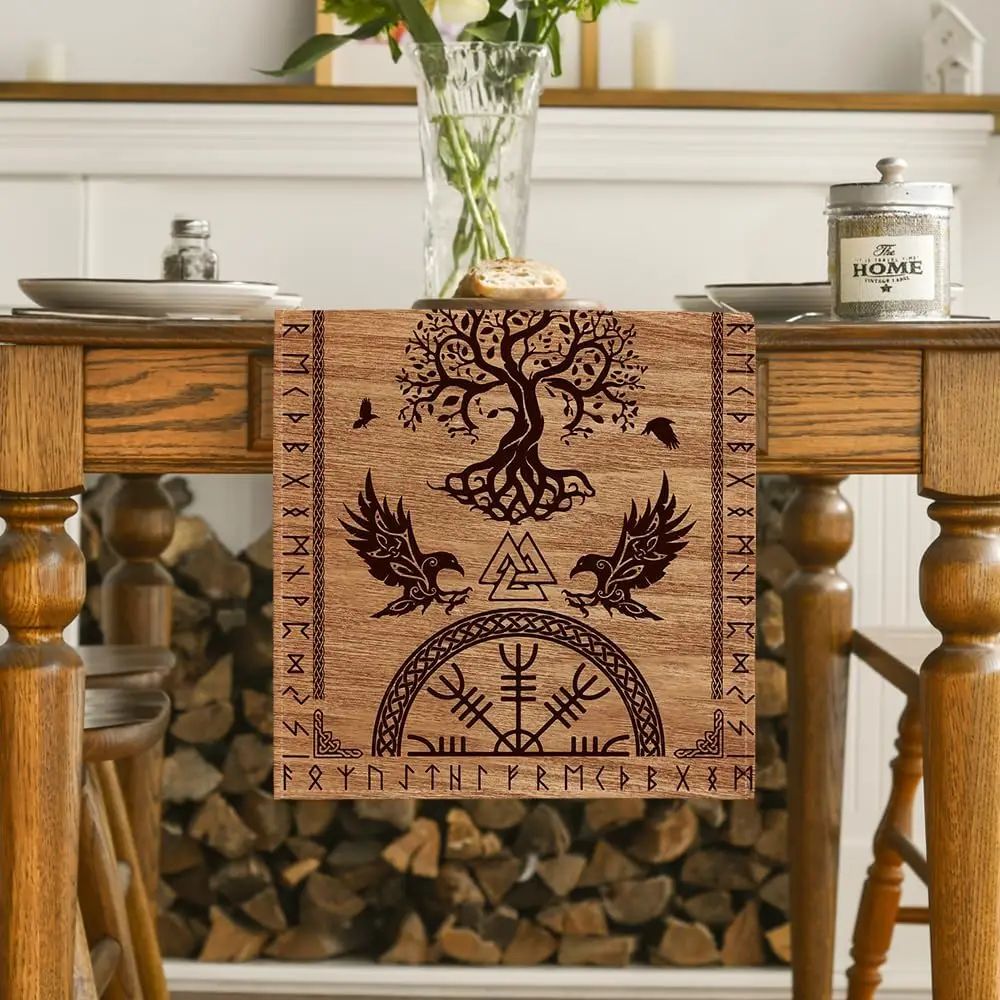 Viking Raven Linen Table Runner with Helm of Awe Nordic Dining Decor