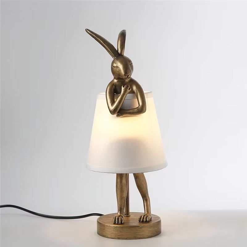 Nordic Rogue Rabbit Resin Table Lamp – Designer LED Table Light with Fabric Shade for Bedroom & Living Space