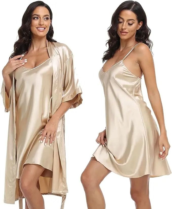 Silk Satin 2-Piece Pajama Set – Professional Sexy Silky Pj Robe with Chemise Nightgown