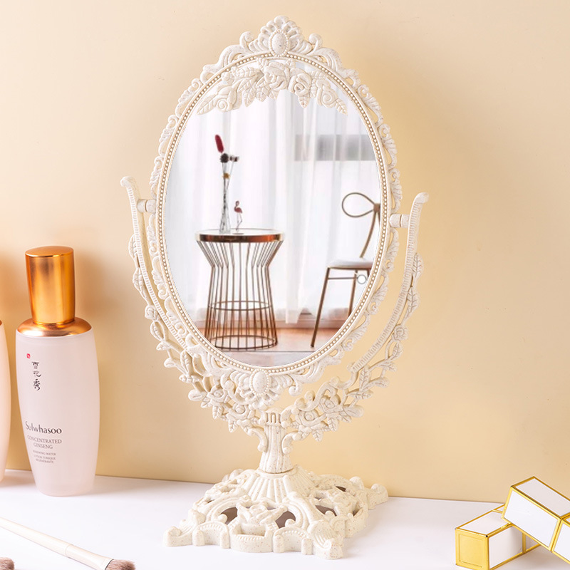 Style Retro Double-Sided Desktop Mirror Heart Circle Shape Vanity Mirror for Dorm Bedroom Countertop Makeup