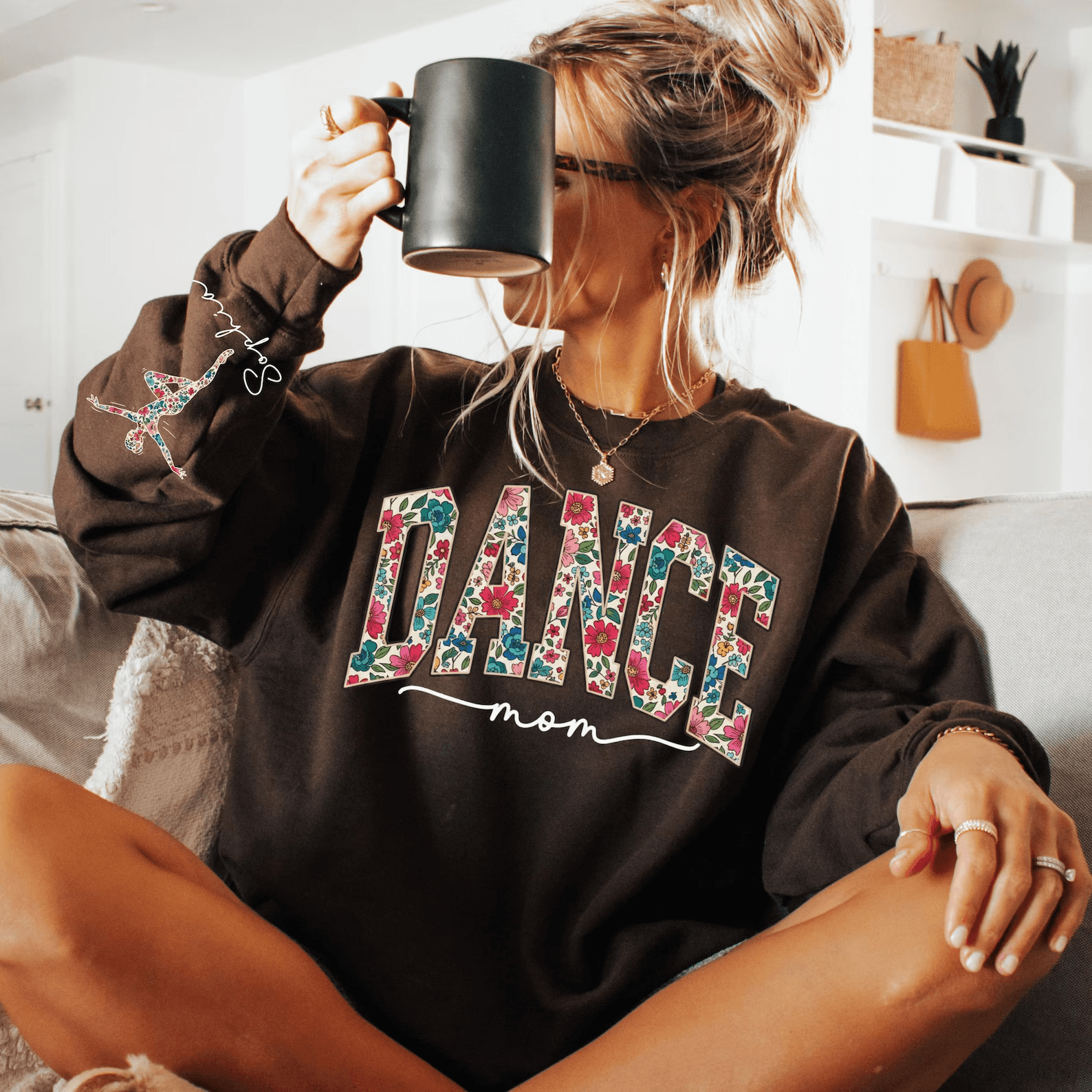 Custom Floral Dance Mom Sweatshirt Personalized Name Sleeve Mama Crewneck Gift
