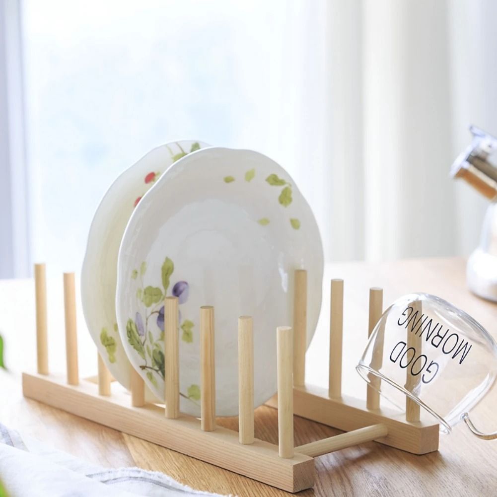 Bamboo Wooden Dish Drying Rack for Plates and Kitchen Storage