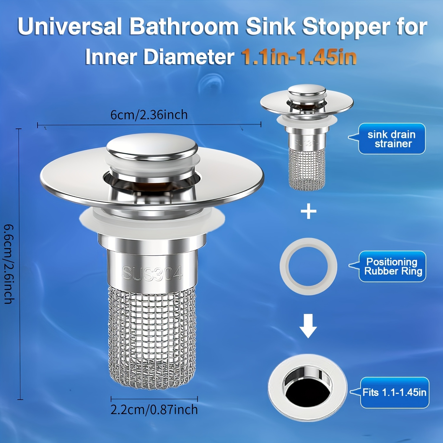 Stainless Steel Pop-Up Sink Drain Strainer, Removable Basket, Hair Catcher for Bathtub