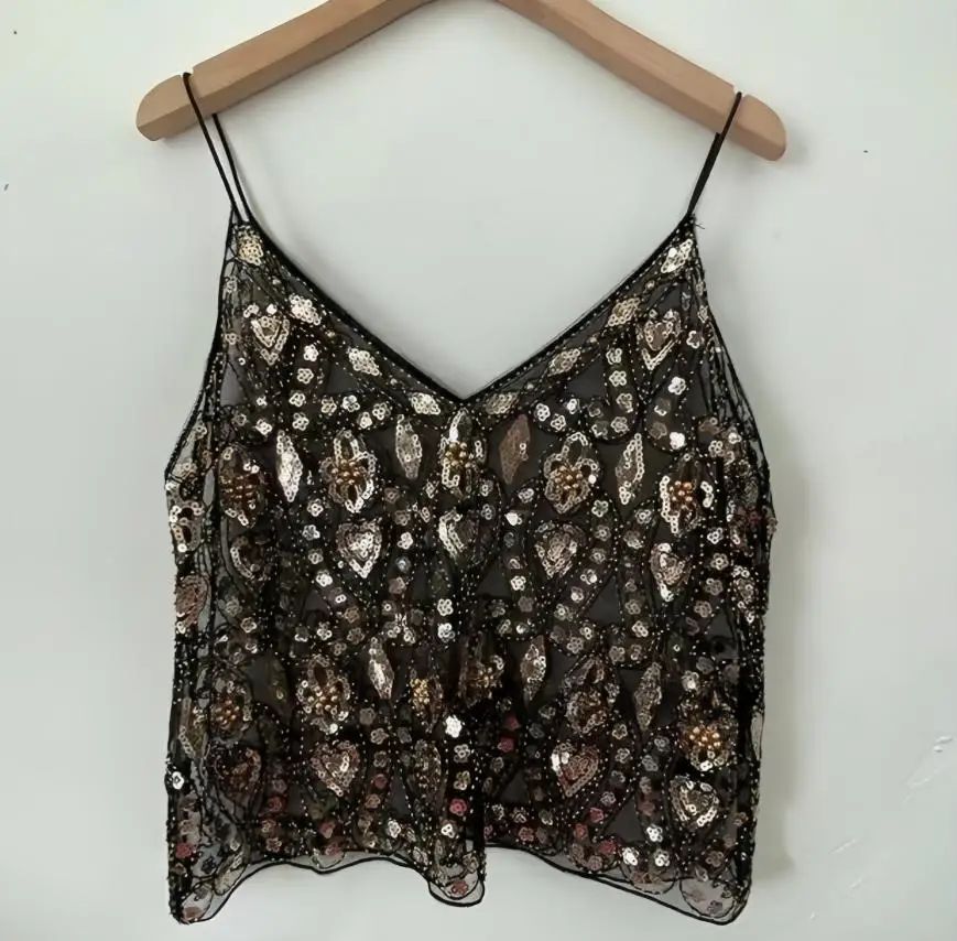 Sequin Beaded Flower Open-Back V-Neck Cami – Sheer Chic Summer Vest