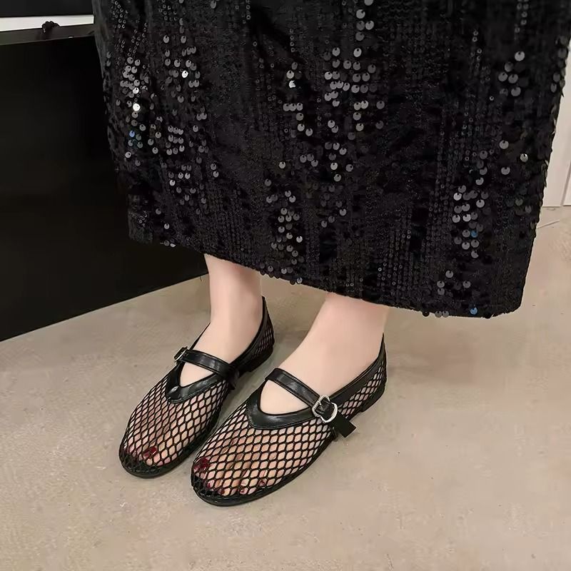 Cut Out Mary Jane Flats Women Round Toe Breathable Fishnet Summer Shoes