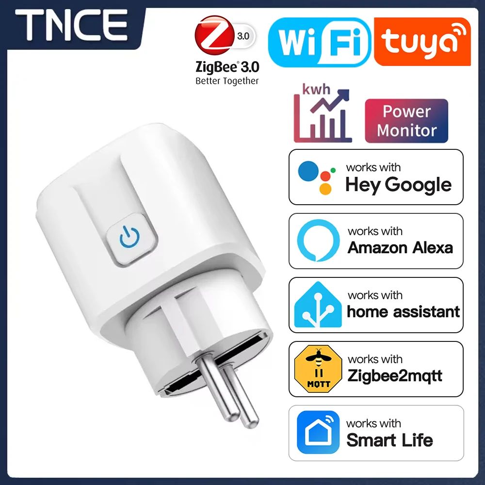 TNCE Tuya Smart Plug EU 16A/20A with Power Monitoring, WiFi or Zigbee3.0, Voice Control