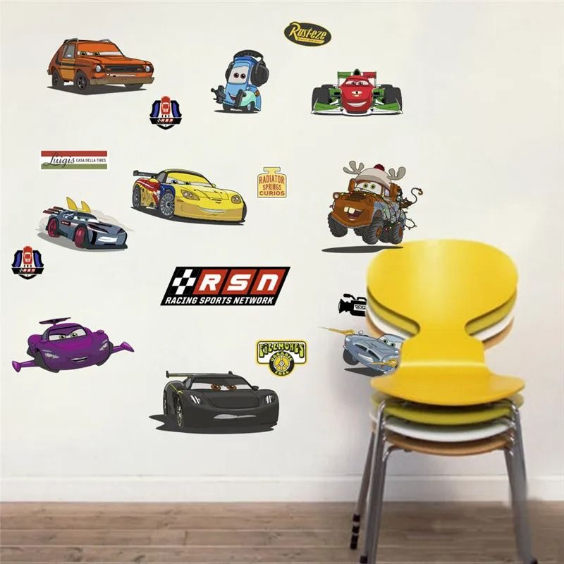 3D Cartoon Cars Breakthrough Wall Decal | Lightning McQueen Racing Mural | High-Fidelity Kid's Room & Playroom Art