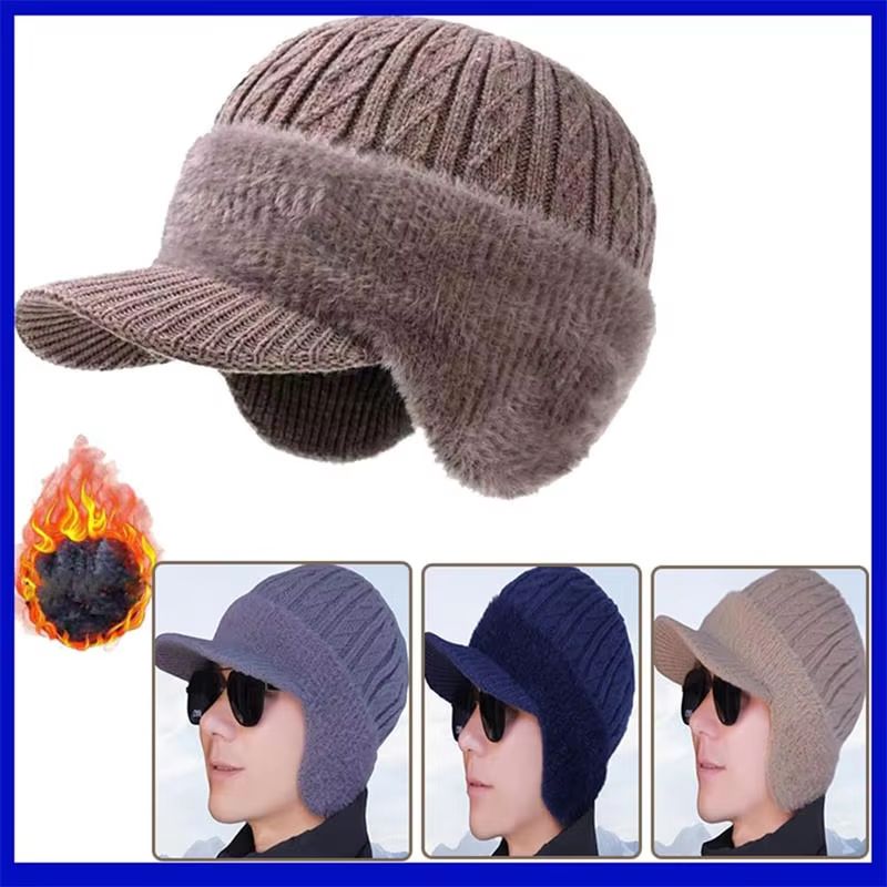 Plush Fur Lined Winter Earflap Beanie Hat Windproof Thick Knit Ski Cap