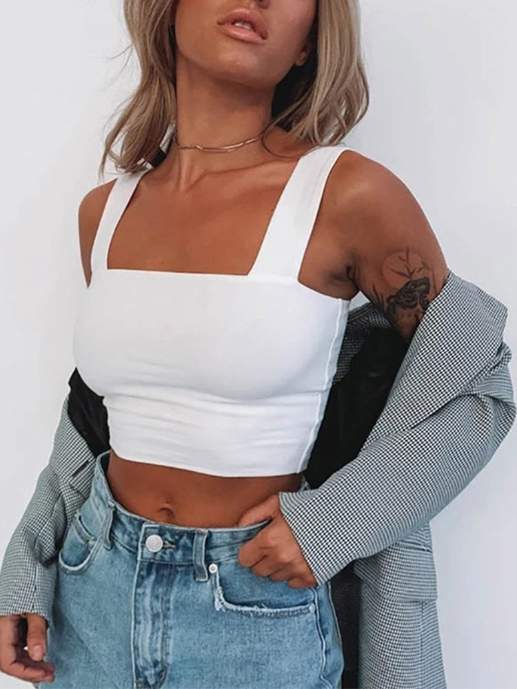 Square Neck Sleeveless Summer Crop Top, White Women Black Casual T-Shirt, Off Shoulder Cami Sexy Backless Tank Top