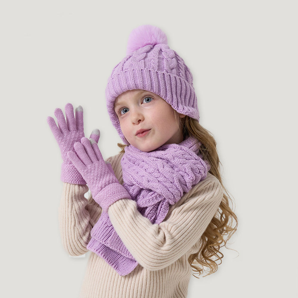 Knitted Thickened Warm Single Set, Girl And Boy Hat Scarf And Glove Set, Stretch Fit Lightweight Winter