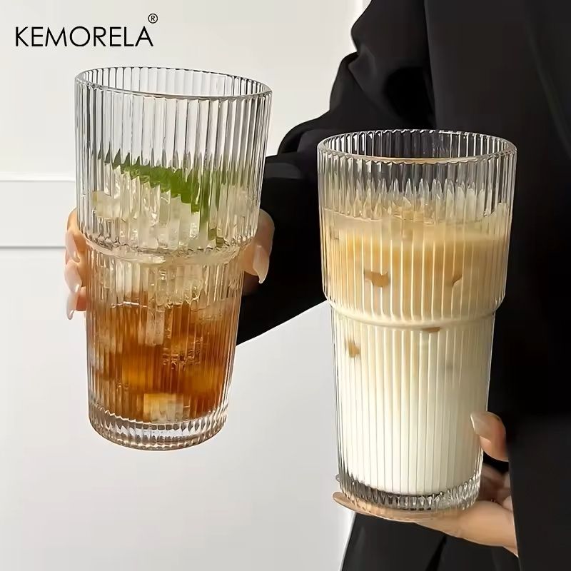 600ML Stripe Glass Coffee Cup with Lid and Straw