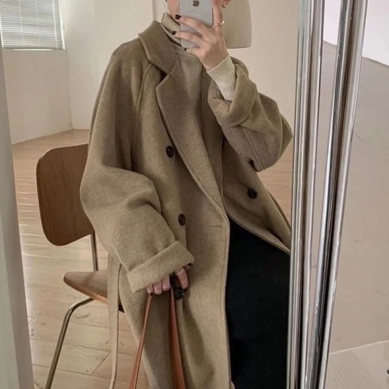 Elegant Women's Woolen Coat, Autumn Winter Mid Length Hepburn Style, Loose Fit Thickened Outerwear