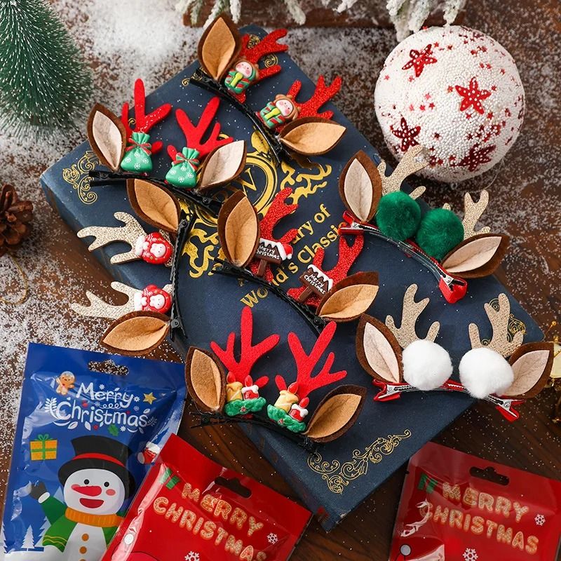 Christmas Deer Antler Hair Clips Set With Santa Hat And Reindeer Style