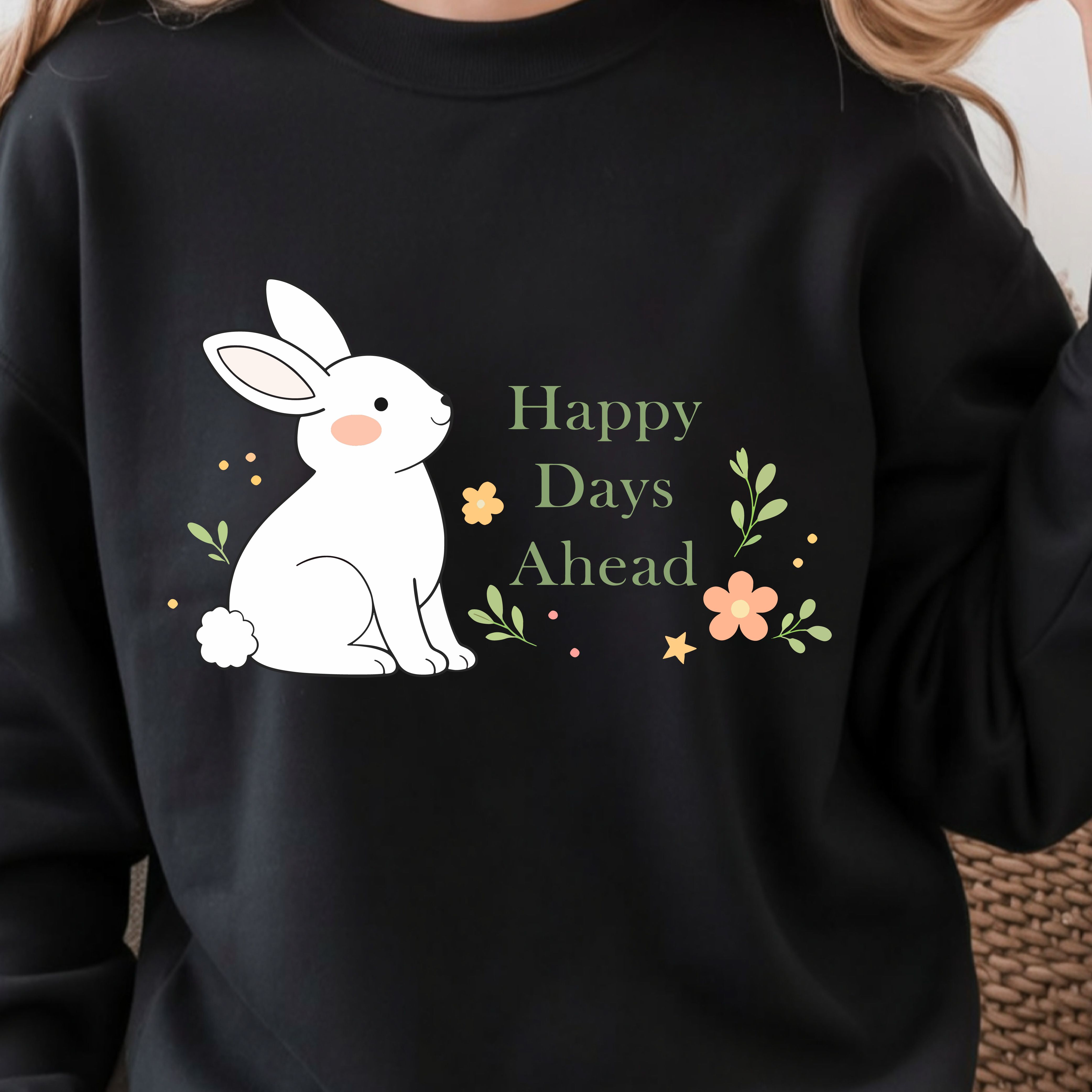 Happy Days Ahead Shirt – Bunny & Minimalist Flowers & Leaves Design