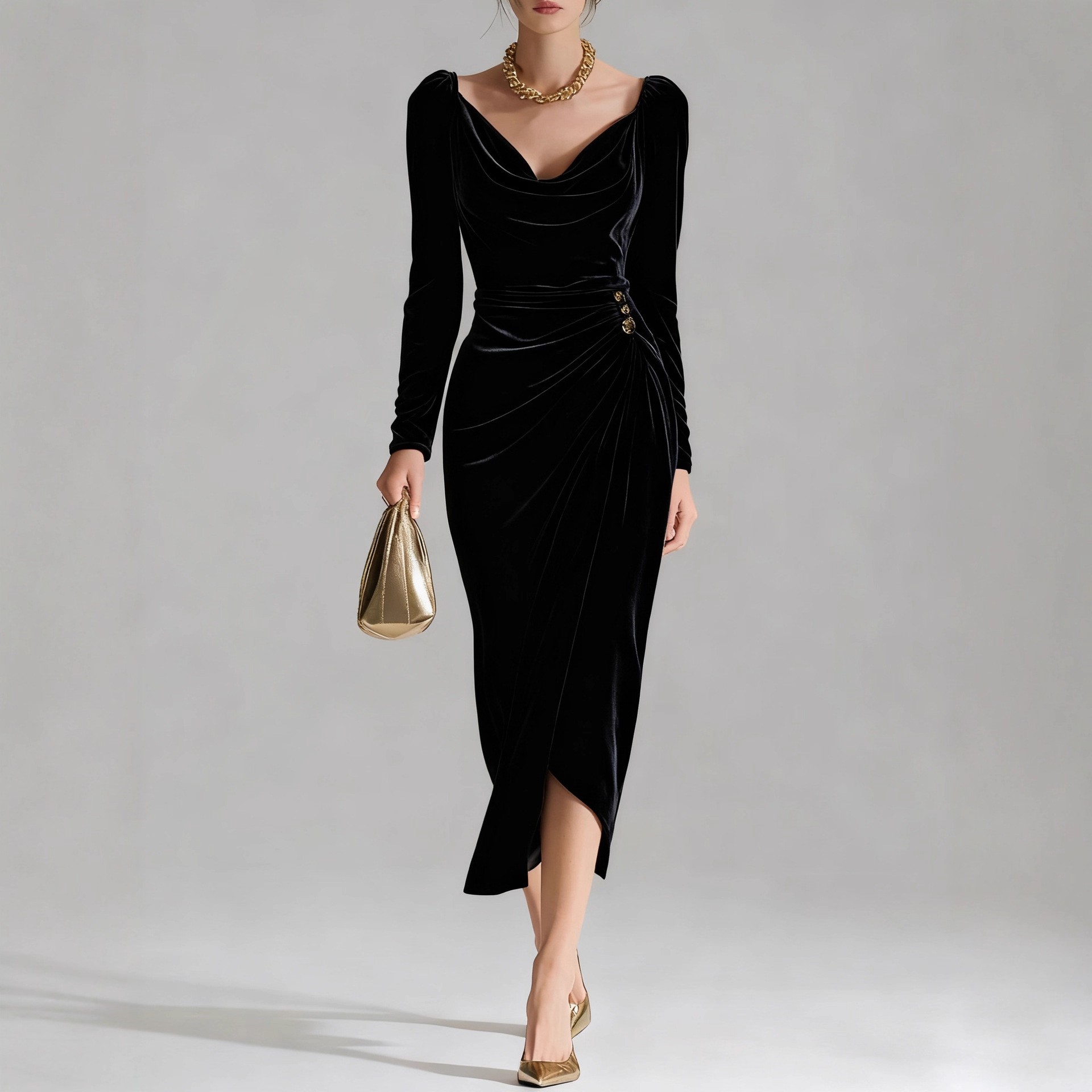 Casual Gold Velvet Sexy Bodycon Dress, European and American Womens Long Sleeve Slim Pleated Split Style