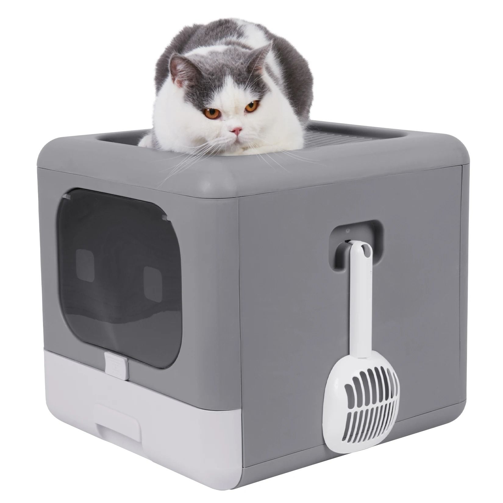 Foldable Enclosed Cat Litter Box with Sifting Drawer Front and Top Entry