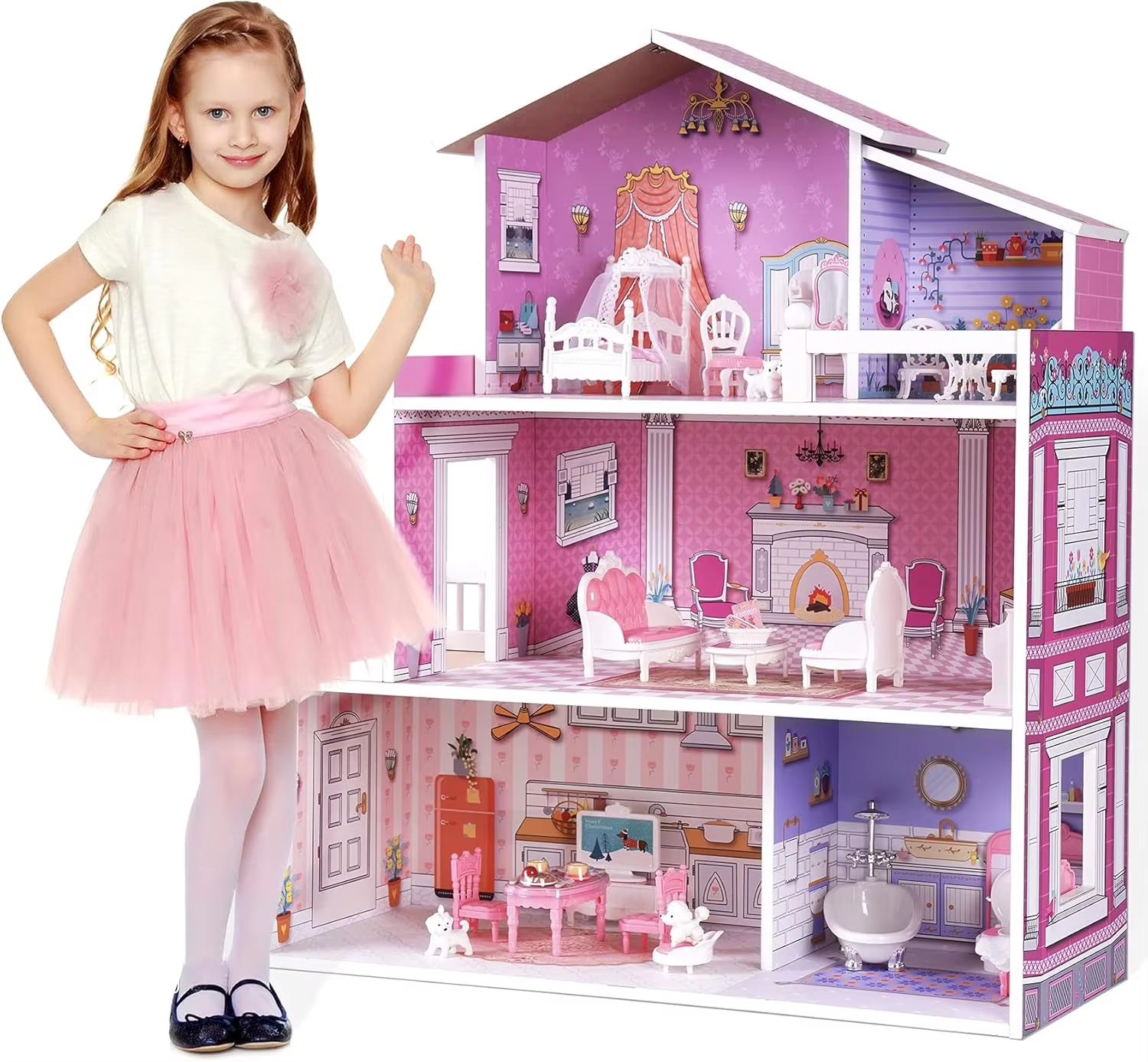 ROBUD Victoria Wooden Dollhouse for Kids 3-Story Pretend Play House with Furniture