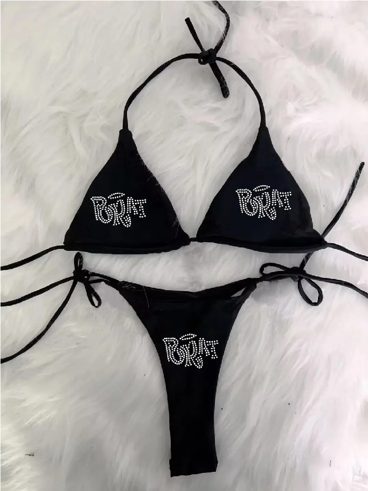 Grunge Swimsuit Bikini, Woman Punk Beach Swimwear, Gothic BRAT Rhinestone Printing, Lace Up Bathing Suits