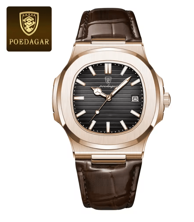 POEDAGAR Luxury Mens Square Watch Waterproof Quartz Wristwatch with Leather Strap