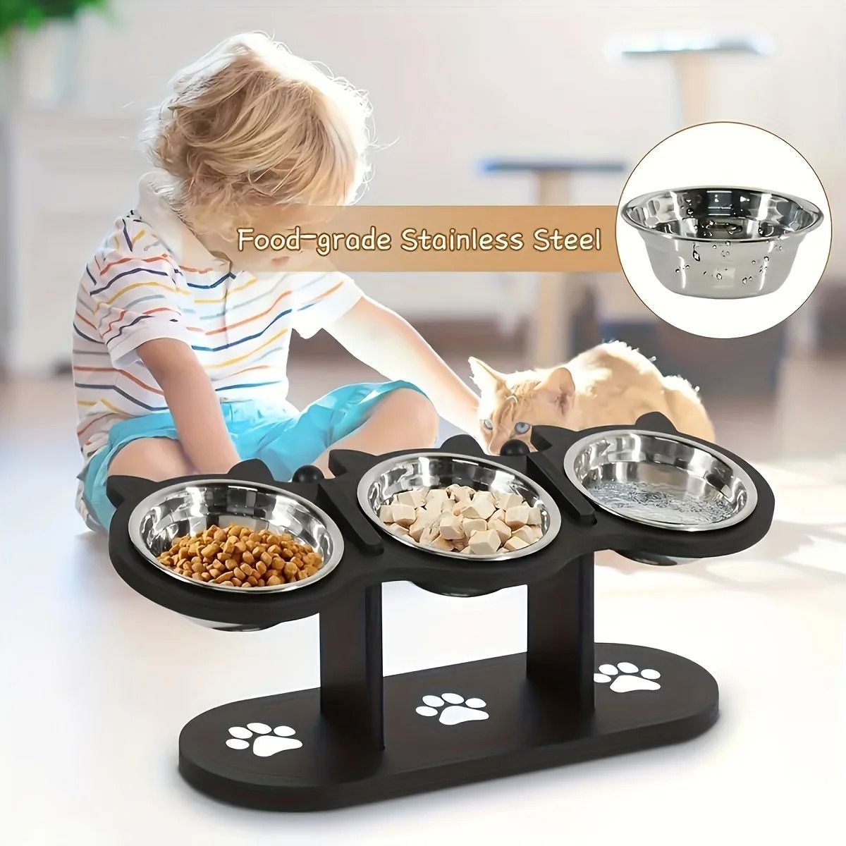 Elevated Tilted Cat Food Bowls with Wooden Stand and Stainless Steel Bowls