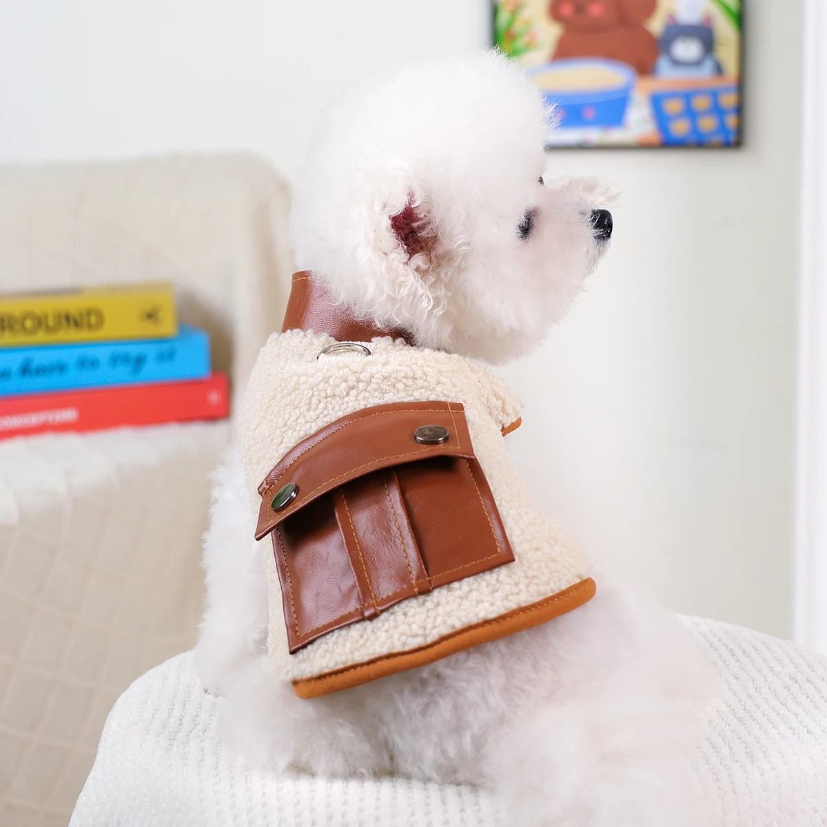 Cozy Lamb Wool Pet Vest with Leather Style Pocket for Autumn and Winter Warmth