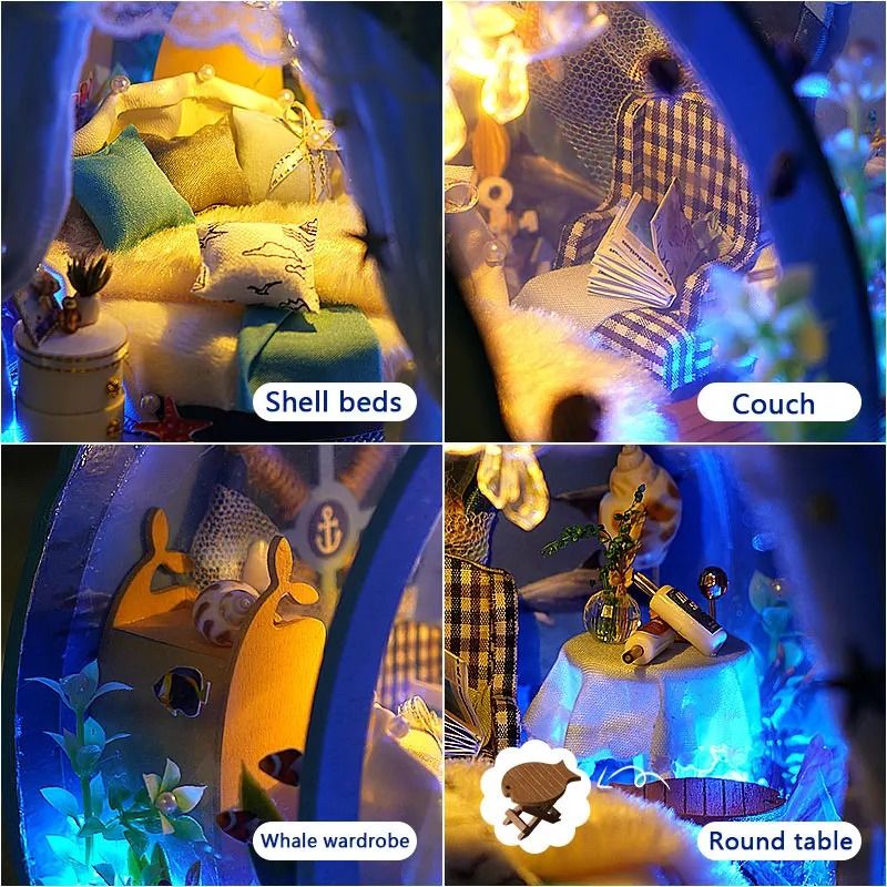 DIY Wooden Mini Dollhouse with Furniture and LED Lights