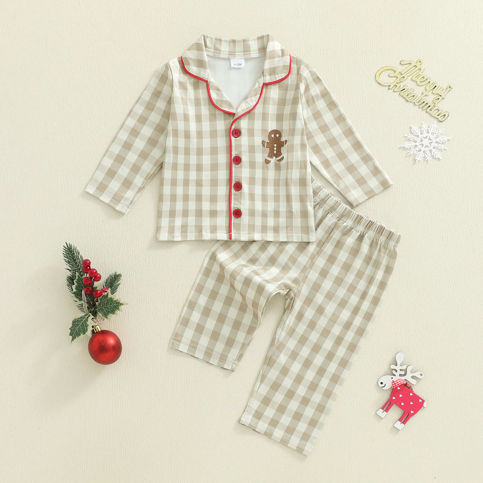 Christmas Infant Baby Plaid Pajamas Sets 2 Piece, Toddler Gingerbread Embroidery Lapel Long Sleeve Tops, Pant Loungewear