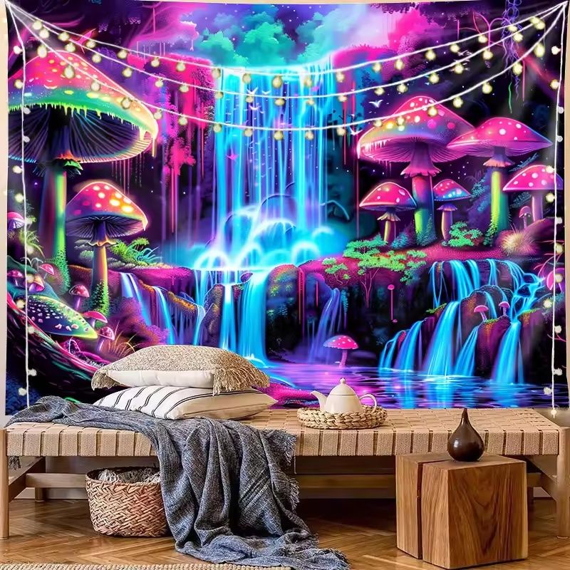 VIKAMA Psychedelic Forest Tapestry | Cyberpunk Waterfall Wall Art | Neon Decor for Gaming Room & Bedroom