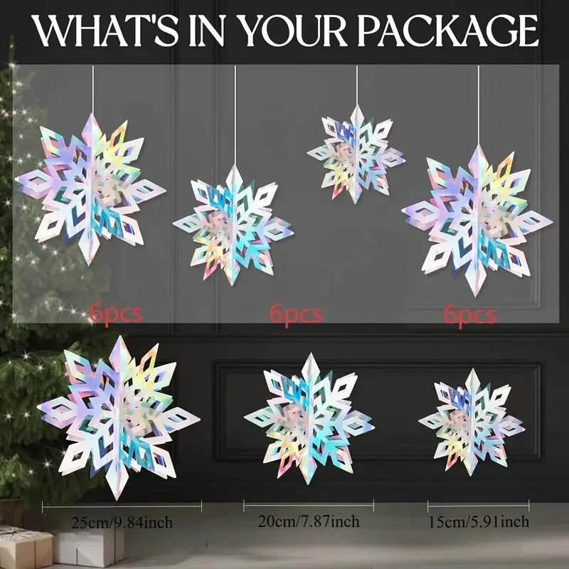 6-Piece Iridescent 3D Hanging Snowflake Set – Rainbow Twinkle Large Ornaments for Festive Decor