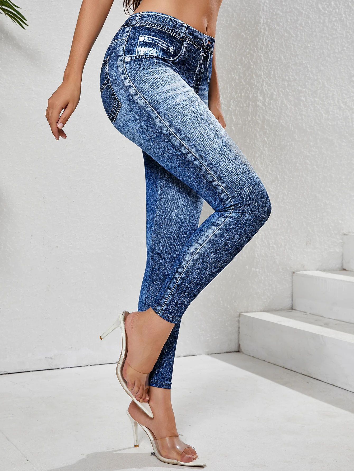 Denim Look High Waist Tummy Control Leggings with Pockets