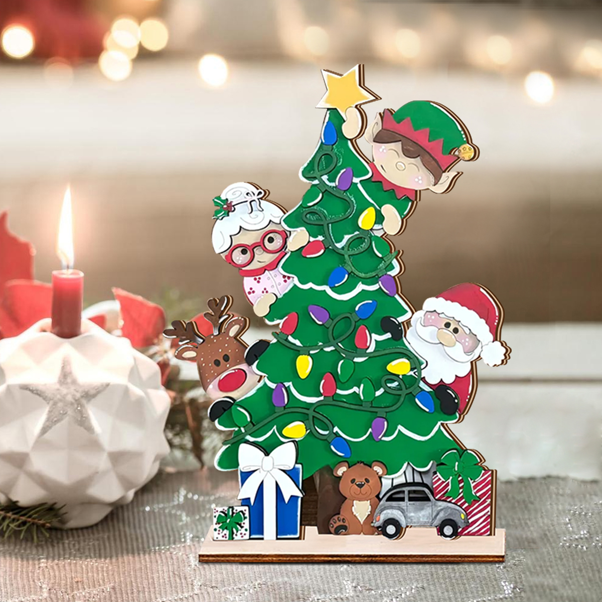 Festive Christmas Tree Ornament, Hand Painted Wooden Decor, Santa, Elf, Reindeer, Holiday Decorations